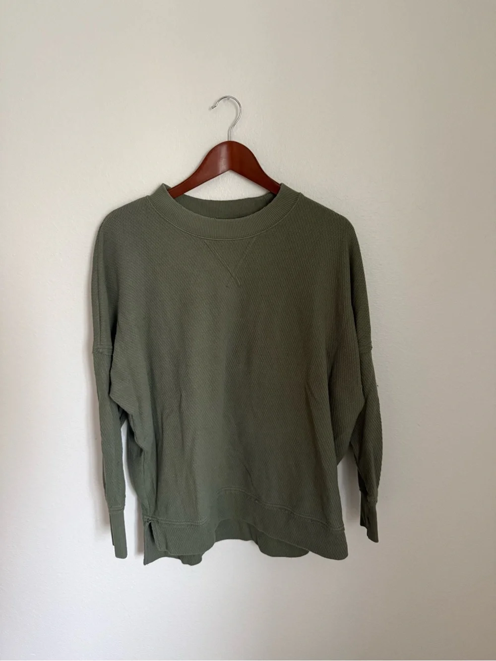 Cute Distressed Aerie Olive Green Waffle Knit Crewneck Sweater